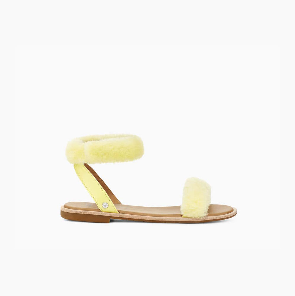 UGG Fluff Springs Patent Light Yellow Sandals for Women (UYMK59412)